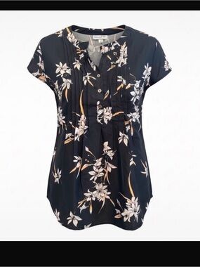 Times Two Maternity Floral Pintuck Short-Sleeve Blouse - Black